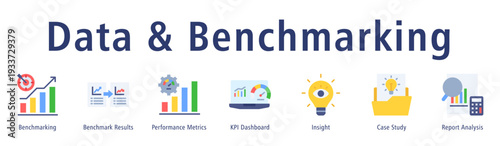 Data and benchmarking web banner icon vector illustration concept with icon of benchmarking, benchmark results, performance metrics, KPI dashboard, insight, case study, and report analysis.