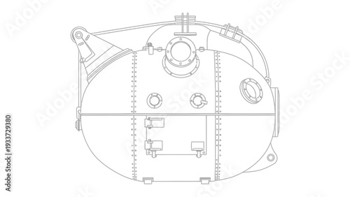 Submarine Mechanical Design: A detailed illustration captures the intricate mechanical design of a submarine, showcasing its robust construction and complex components. 