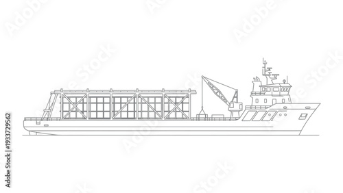 A Cargo Ship's Silhouette: A detailed line drawing of a container ship, ready to navigate the open seas, emphasizing its functional design and maritime purpose.