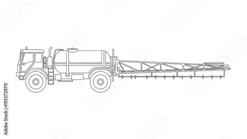 Agricultural Sprayer Outlined: A detailed outline of a robust agricultural sprayer, a vital machine in modern farming, ready to perform its duties in the field.
