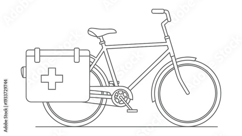 First Aid Bicycle: An illustration of a bicycle equipped with a first aid kit, symbolizing emergency medical response and mobile healthcare solutions.