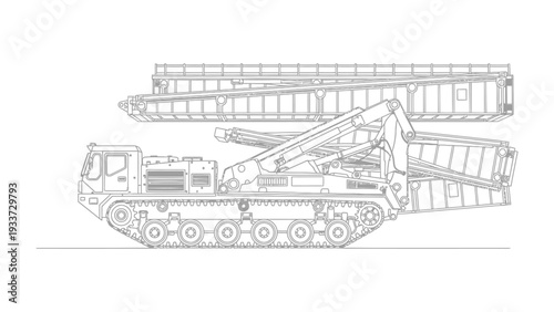 Armored Vehicle: A meticulously rendered line drawing showcases a powerful armored vehicle, revealing its intricate construction and mechanical components in precise detail.
