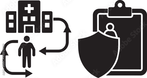 Healthcare insurance icon representing patient protection and hospital services with arrows showing connection.