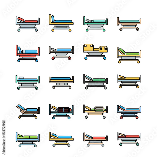 Diverse collection of hospital beds and stretchers, showing various adjustable positions, medical equipment icons.