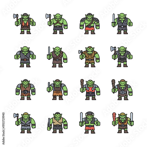 Cartoon Orc Warriors with Various Weapons Flat Design Icon Set