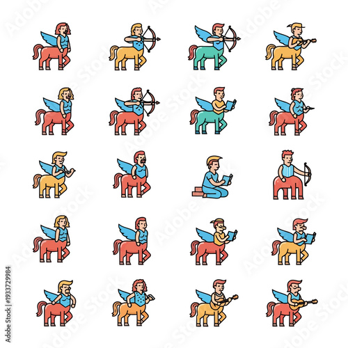 Collection of Mythical Centaur and Pegasus-Centaur Characters with Various Activities and Poses
