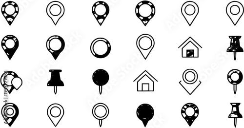 Hand-drawn Doodle Style Map Location Pin Markers, Pushpins, and Home Icons Set