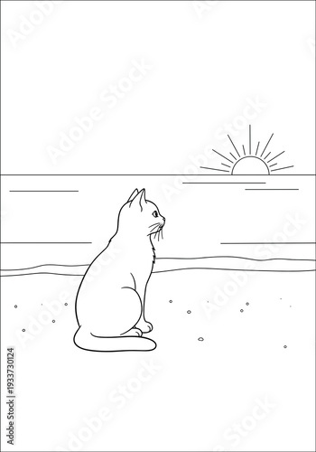 Cat silhouette watching sunset by the beach with a calm atmosphere