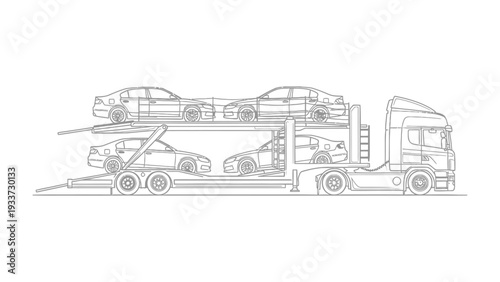 Auto Transport Vehicle: A detailed illustration captures the essence of a modern auto transport vehicle, loaded with several sleek automobiles, poised for a journey.