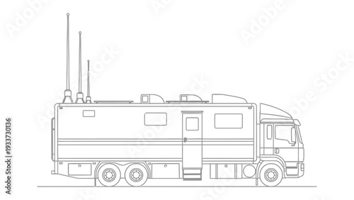 Mobile Command Vehicle Silhouette: A precise line drawing of a state-of-the-art mobile command vehicle, highlighting its advanced communication antennas and robust design.
