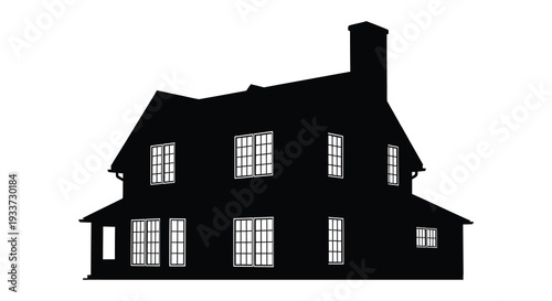 A stark black silhouette of a classic two story house with a chimney showcasing architectural details silhouette high quality
