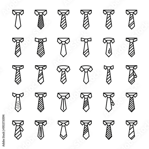 Collection of Outline Tie Icons Showing Various Styles, Patterns, and Knots for Men's Fashion and Apparel