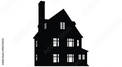 A stark black silhouette depicts a classic victorian house with a prominent chimney silhouette high quality professional detailed