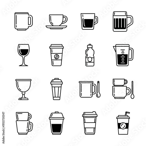 Vector Outline Icons of Various Drink Containers, Cups, Mugs, and Bottles