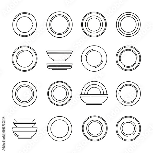 Collection of Outline Plate and Bowl Icons: Minimalist Dinnerware Set for Kitchen and Dining Design