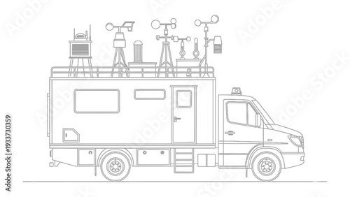 Mobile Weather Station: A detailed depiction of a specialized vehicle, outfitted with an array of meteorological instruments atop, designed for on-site environmental monitoring and analysis.