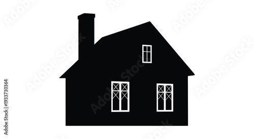 A stark black silhouette of a simple house with a chimney and windows presented in profile silhouette