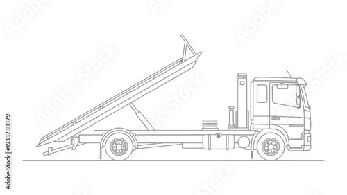 Truck Illustration: A detailed outline of a truck with its bed lifted, conveying the essence of transport and heavy duty work.