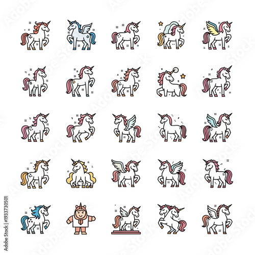 Fantasy Unicorns and Mythical Horses Icon Set in Various Poses
