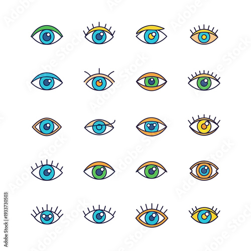 A vibrant collection of diverse eye icons, featuring various colors and expressive designs.