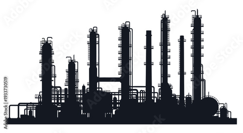 A stark black silhouette of an industrial complex with towers and pipelines representing energy production silhouette high quality