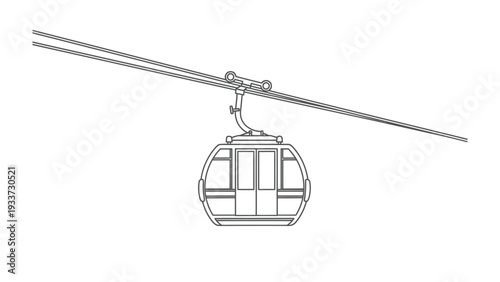 Cable Car Transit: The image depicts a modern cable car suspended from a system of steel cables, offering a means of transport across a picturesque landscape, seen through its windows.