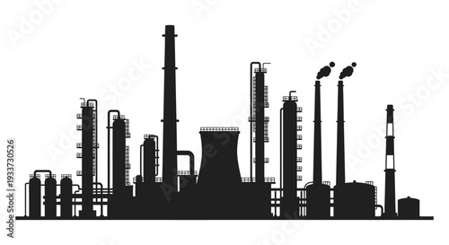 A stark black silhouette of an industrial complex featuring smokestacks and refinery structures silhouette high quality professional detailed