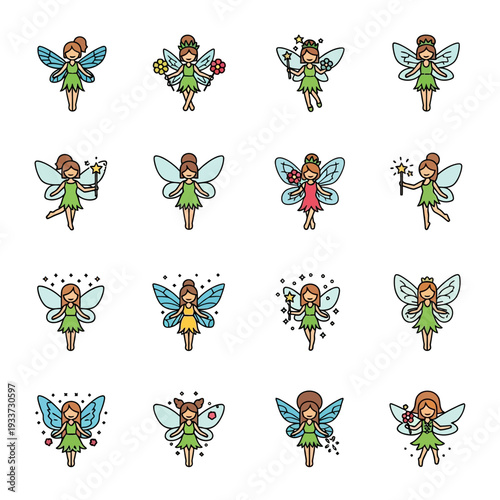 Cute Cartoon Fairies Character Set with Magical Wands and Flowers in Various Poses