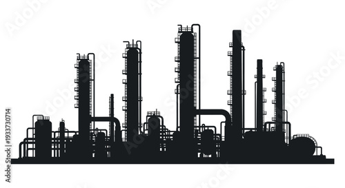 A stark black silhouette depicts an industrial complex with towering refinery structures representing energy production silhouette high quality