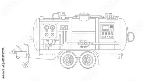 Tanker on Wheels: A detailed illustration captures the intricate design of a tanker mounted on a wheeled trailer, showcasing its industrial functionality and mechanical complexity.