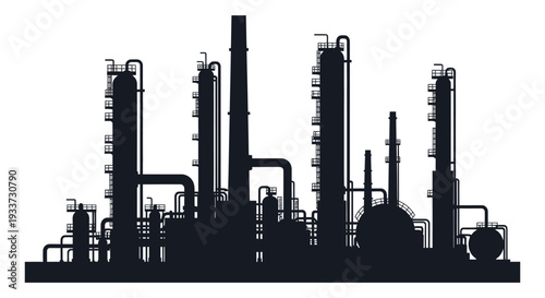 An industrial landscape featuring a complex network of oil refinery structures in stark silhouette high quality professional detailed