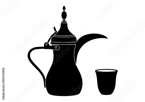 Traditional Arabic coffee pot and cup illustration on a simple background from a front view