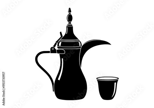 Traditional coffee pot and cup illustration on a simple white background from a front view