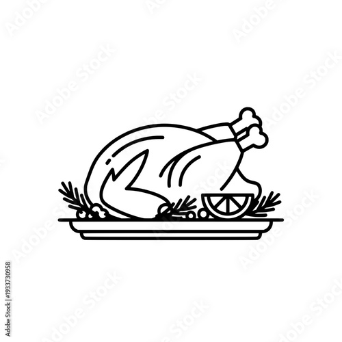 Illustration of roasted chicken with herbs on a platter viewed from the side neatly