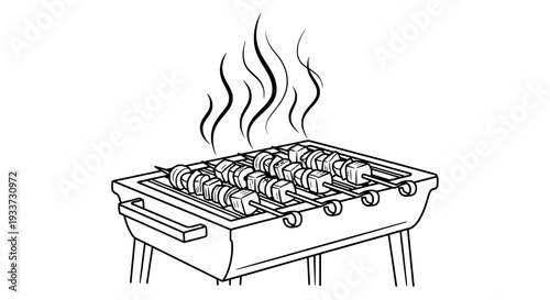 Sausages grilling on a barbecue grill with rising smoke, outdoor cooking scene illustration