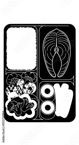 Black template with various leaf and food illustrations, a blank space, and utensils shown