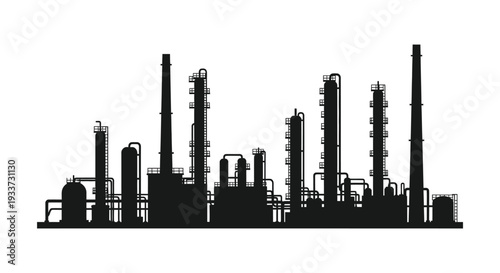A stark black silhouette depicts an industrial complex with smokestacks and processing towers silhouette high quality professional detailed