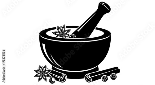 Mortar and pestle with herbs and spices, an illustration of traditional medicine preparation