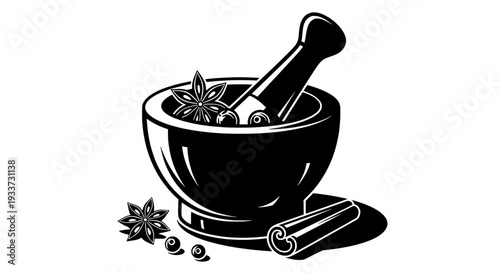 Mortar and pestle with spices and star anise illustration on a simple backdrop viewpoint