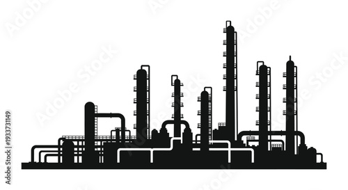 A striking black silhouette depicts an industrial complex with refinery towers and connecting pipelines silhouette high quality professional