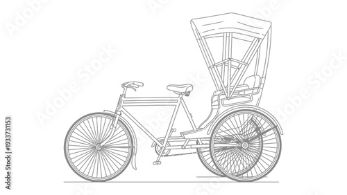 Vintage Rickshaw: An elegant line drawing captures a classic rickshaw, highlighting its intricate design and timeless charm, evoking nostalgia.