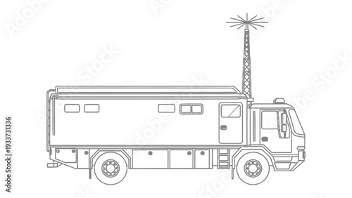 Mobile Communication Center: Detailed side view of a modern mobile communication center, ready to deploy advanced technology, symbolizing connectivity and rapid response in any situation. 