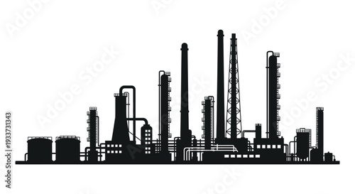 A striking black cityscape depicts an industrial complex with numerous towers and structures silhouette high quality professional detailed