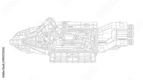 Spaceship Blueprint: A detailed technical drawing, outlining the intricate structure and components of a futuristic spacecraft. Evoking a sense of technological marvel and exploration.