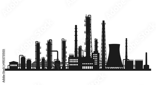 A stark black silhouette depicts an industrial complex with refinery towers and processing units silhouette high quality professional