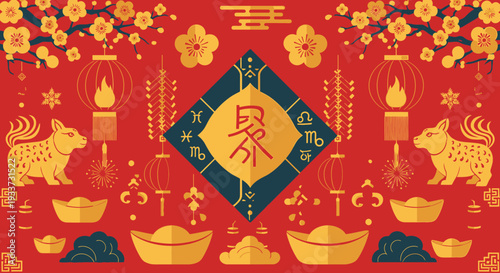 Festive illustration showcasing the vibrant traditions of Lunar New Year, adorned with golden ingots, blooming blossoms, and symbolic zodiac animals for prosperity