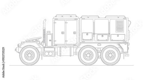 Vehicle Blueprint: An overhead perspective captures the detailed design of a specialized transport vehicle, emphasizing its intricate mechanical and structural features.