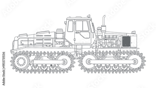 Vintage Tractor Blueprint: Detailed outline of a vintage tractor, showcasing the intricate mechanics and design of the heavy machinery.