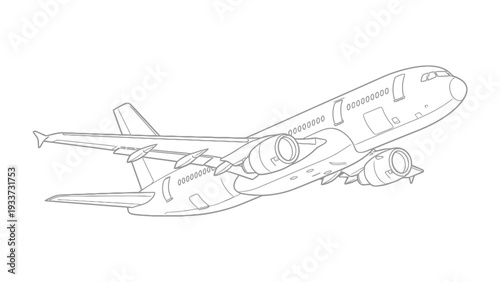 Soaring Heights: A detailed line drawing of an airplane ascending into the sky, depicting the sleek lines and powerful engines of modern air travel.
