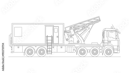 Rescue Truck Illustration: A detailed outline of a rescue truck, illustrating its various components such as ladder, cabin, and wheels, against a clear backdrop.